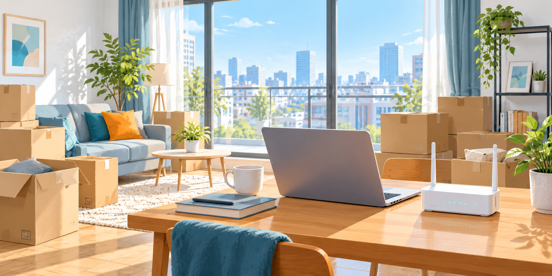 引越しの段ボールがある部屋に、ノートパソコンと通信機器を置いたイラスト